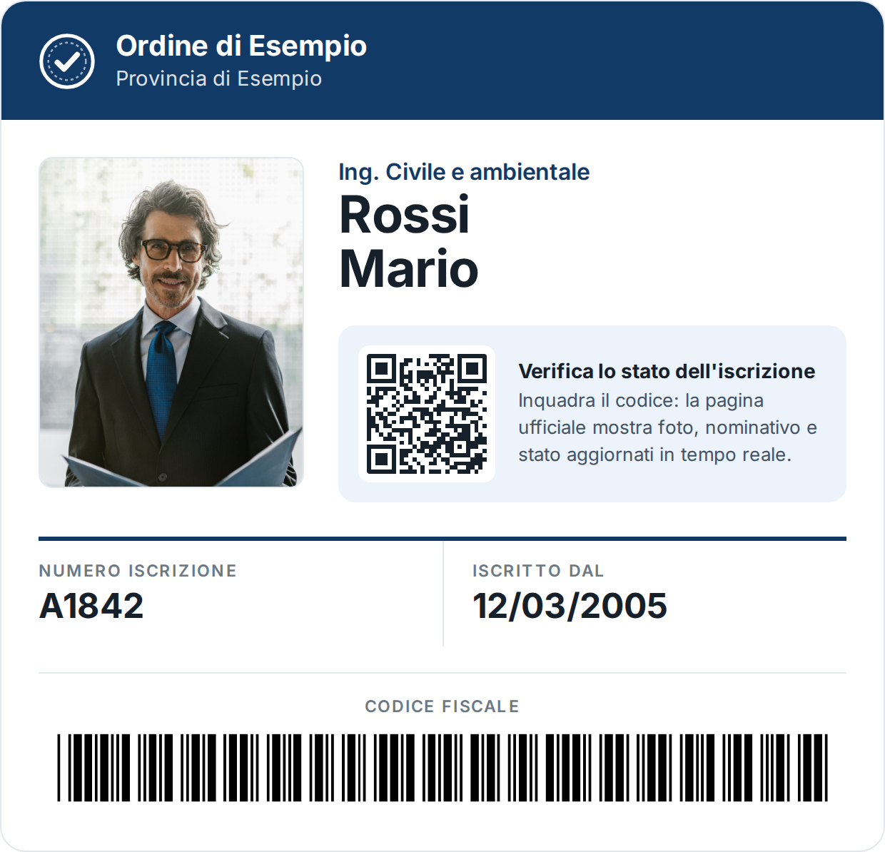 La tessera digitale con fotografia, numero di iscrizione e codice QR di verifica