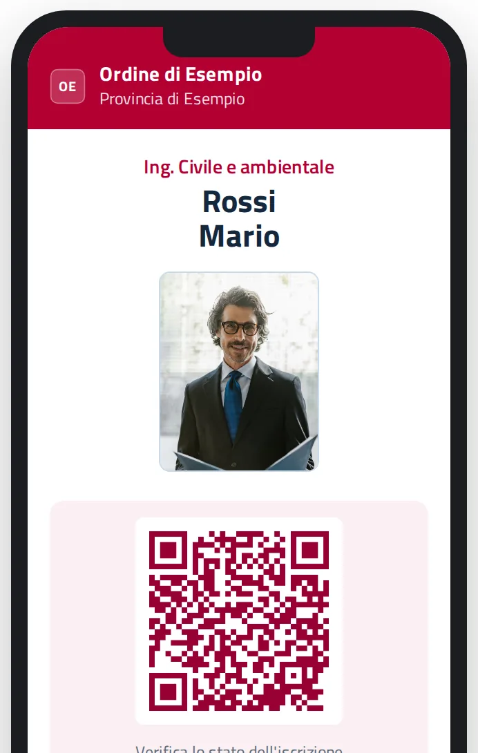 La tessera digitale sul telefono, con fotografia, dati di iscrizione e codice QR
