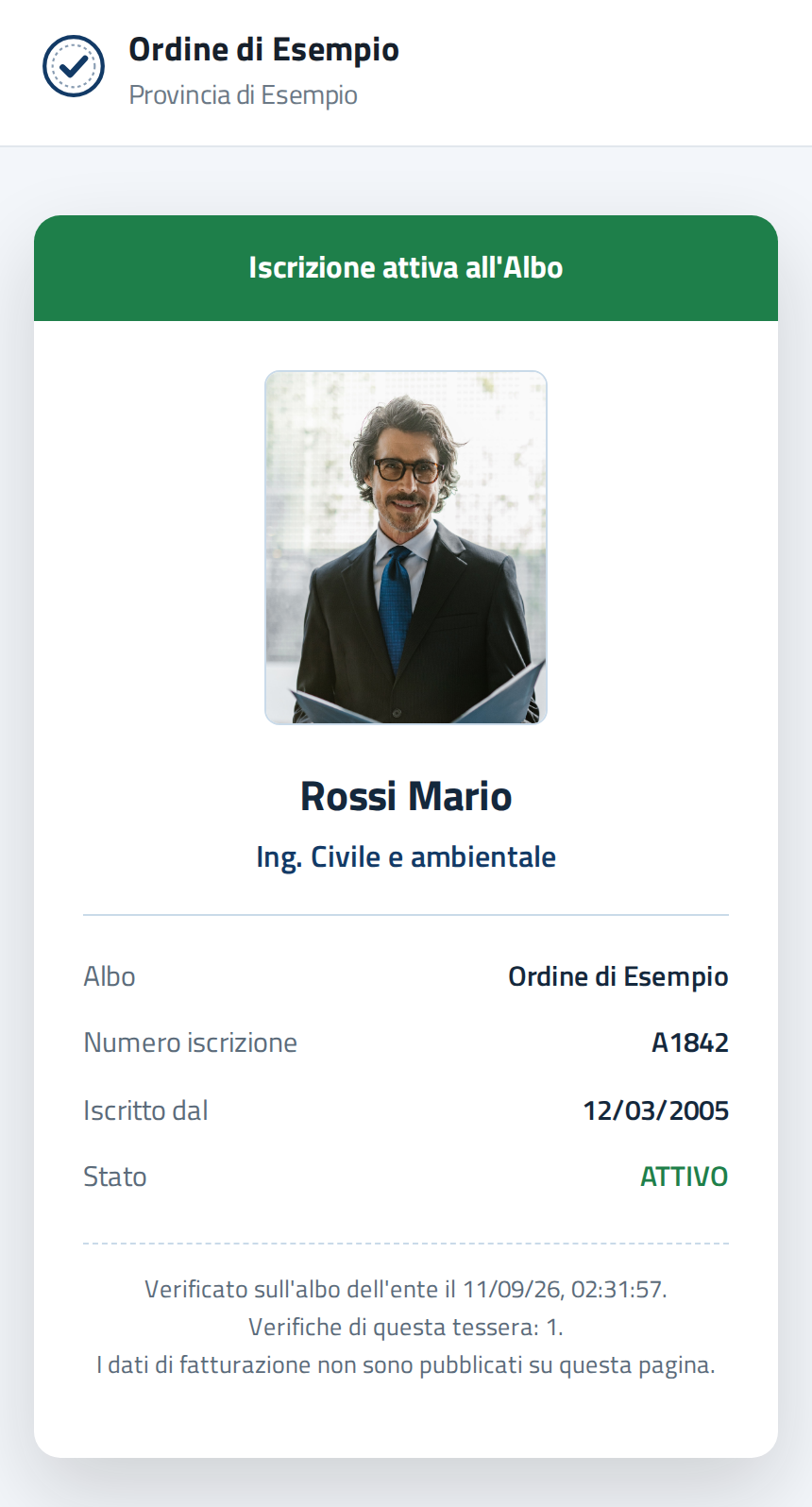 Pagina di verifica con esito positivo: fotografia, nome, ente, numero di iscrizione e stato